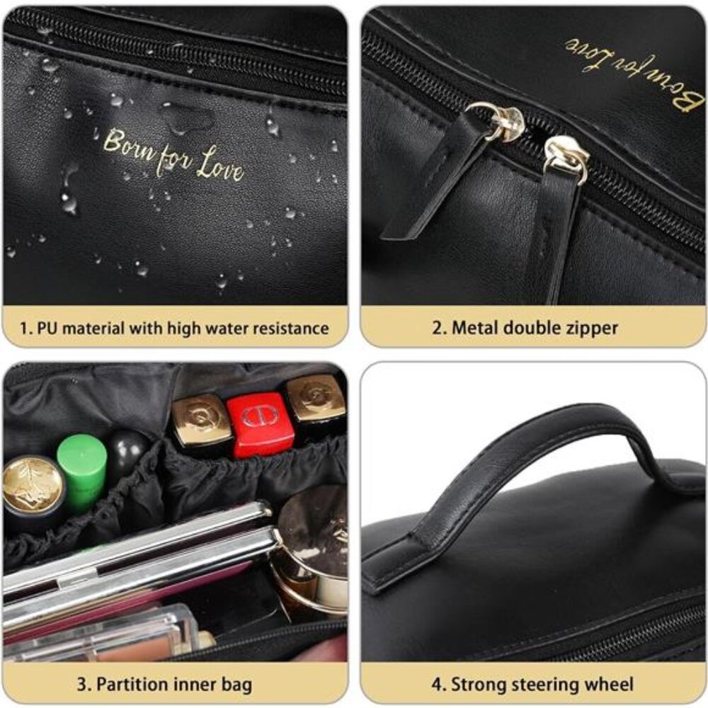 Large Capacity Travel Cosmetic Bag Portable Makeup Bag, PU Leather Waterproof - Picture 4 of 7